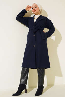 Üç Düğmeli Kaşe Kaban Lacivert - Thumbnail