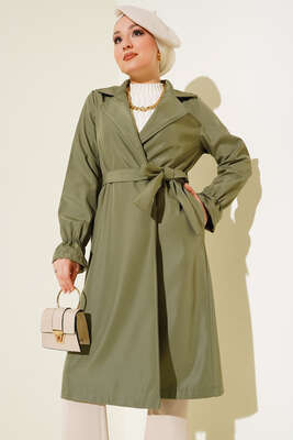Bileği Lastikli Şal Yaka Trençkot Haki - Thumbnail