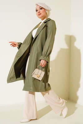 Bileği Lastikli Şal Yaka Trençkot Haki - Thumbnail