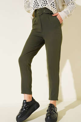 Pazarium - Kemerli Kopçalı Kumaş Pantolon Haki