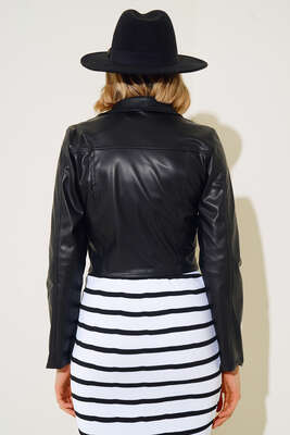 Fermuarlı Deri Ceket Siyah - Thumbnail