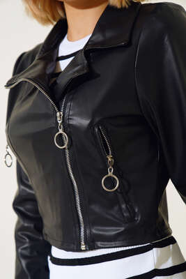 Fermuarlı Deri Ceket Siyah - Thumbnail