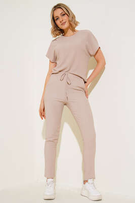 Kısa Kol Bürümcük İkili Takım Bej - Thumbnail