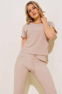 Kısa Kol Bürümcük İkili Takım Bej - Thumbnail