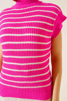 Çizgili Süveter Fuşya - Thumbnail