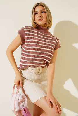 Çizgili Süveter Gül Kurusu - Thumbnail