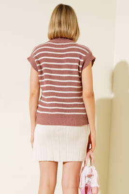 Çizgili Süveter Gül Kurusu - Thumbnail