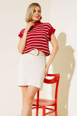 Çizgili Süveter Kırmızı - Thumbnail