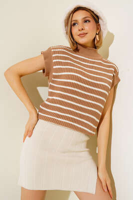 Çizgili Süveter Latte - Thumbnail