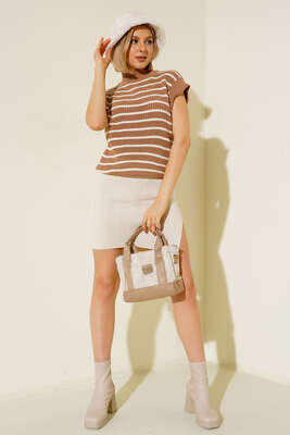 Çizgili Süveter Latte - Thumbnail