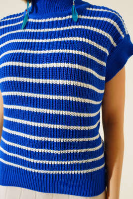 Çizgili Süveter Saks - Thumbnail