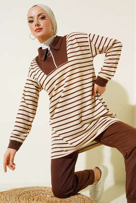 Pazarium - Klasik Yaka Fermuarlı İkili Takım Kahve