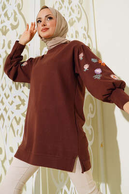 Kolları Nakış Detaylı Tunik Kahve - Thumbnail