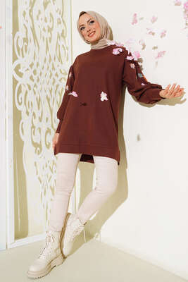 Kolları Nakış Detaylı Tunik Kahve - Thumbnail