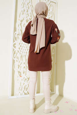 Kolları Nakış Detaylı Tunik Kahve - Thumbnail