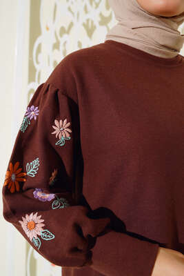 Kolları Nakış Detaylı Tunik Kahve - Thumbnail