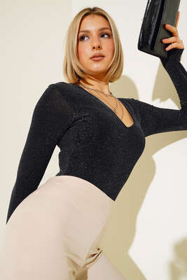 Pazarium - Çıtçıtlı Simli Body Siyah