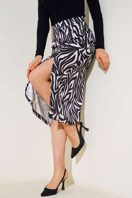 Zebra Desenli Yırtmaçlı Etek Siyah - Thumbnail