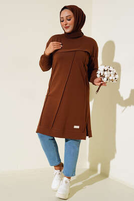 Çımalı Büyük Beden Tunik Kahve - Thumbnail