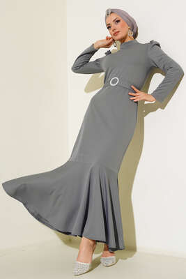 Kemer Tokalı Elbise Füme - Thumbnail