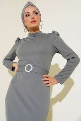 Kemer Tokalı Elbise Füme - Thumbnail