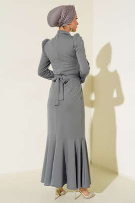 Kemer Tokalı Elbise Füme - Thumbnail