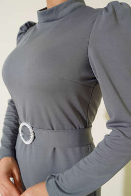 Kemer Tokalı Elbise Füme - Thumbnail