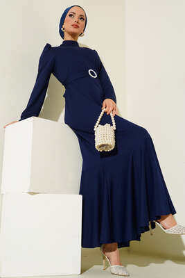Kemer Tokalı Elbise Lacivert - Thumbnail
