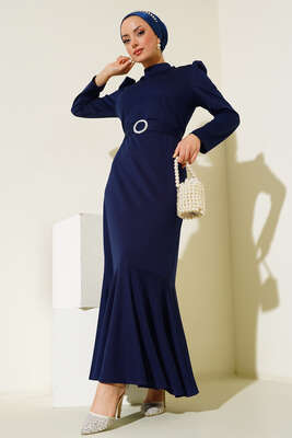 Kemer Tokalı Elbise Lacivert - Thumbnail