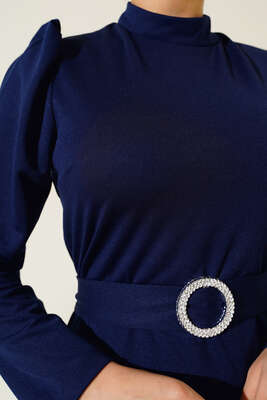 Kemer Tokalı Elbise Lacivert - Thumbnail