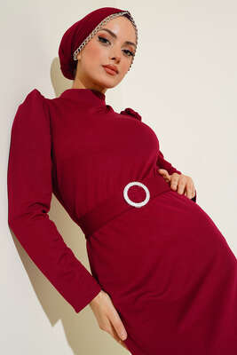 Kemer Tokalı Elbise Mürdüm - Thumbnail