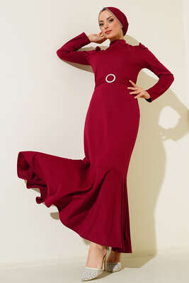 Kemer Tokalı Elbise Mürdüm - Thumbnail