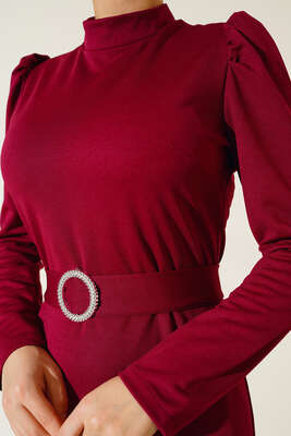 Kemer Tokalı Elbise Mürdüm - Thumbnail