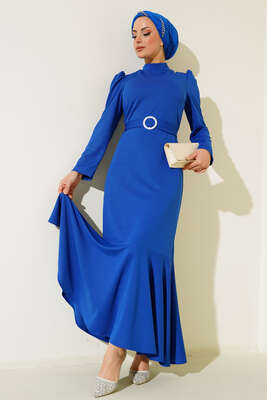 Kemer Tokalı Elbise Saks - Thumbnail