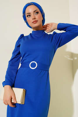 Kemer Tokalı Elbise Saks - Thumbnail