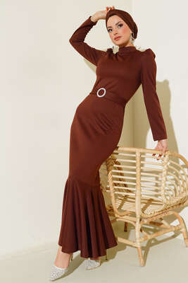 Kemer Tokalı Elbise Taba - Thumbnail