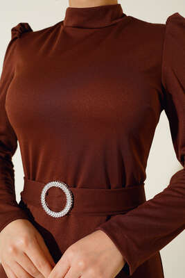 Kemer Tokalı Elbise Taba - Thumbnail