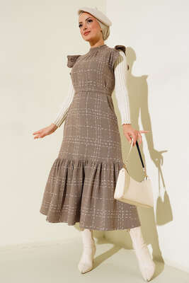 Omuzları Fırfırlı Jile Elbise Vizon - Thumbnail