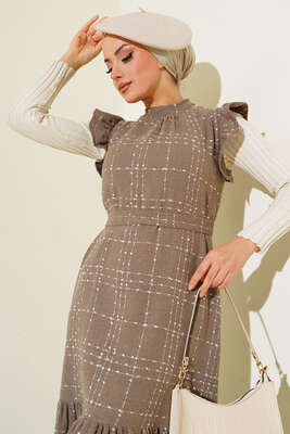 Omuzları Fırfırlı Jile Elbise Vizon - Thumbnail