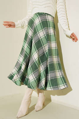 Ekoseli Kloş Model Etek Çağla Yeşili - Thumbnail