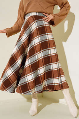 Ekoseli Kloş Model Etek Kahve - Thumbnail