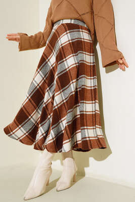 Ekoseli Kloş Model Etek Kahve - Thumbnail