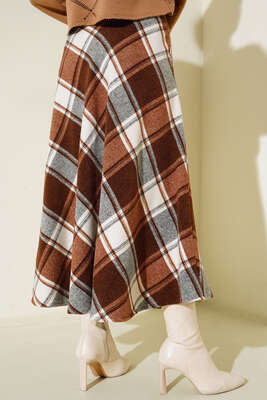 Ekoseli Kloş Model Etek Kahve - Thumbnail