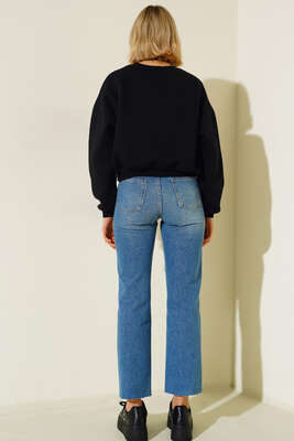 Üç İplik Kısa Sweatshirt Siyah - Thumbnail