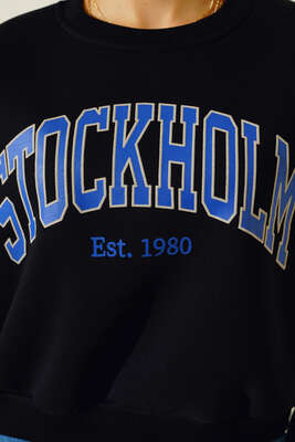 Üç İplik Kısa Sweatshirt Siyah - Thumbnail