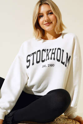 Üç İplik Kısa Sweatshirt Ekru - Thumbnail