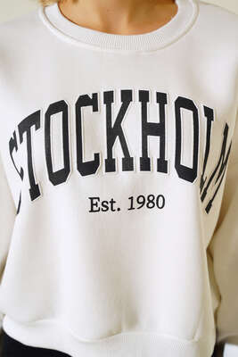 Üç İplik Kısa Sweatshirt Ekru - Thumbnail