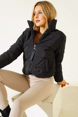 Etek Ucu Lastikli Şişme Mont Siyah - Thumbnail