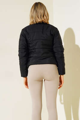 Etek Ucu Lastikli Şişme Mont Siyah - Thumbnail