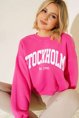 Üç İplik Kısa Sweatshirt Fuşya - Thumbnail